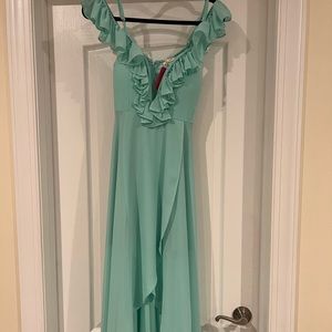 Off the shoulder high low wrap dress